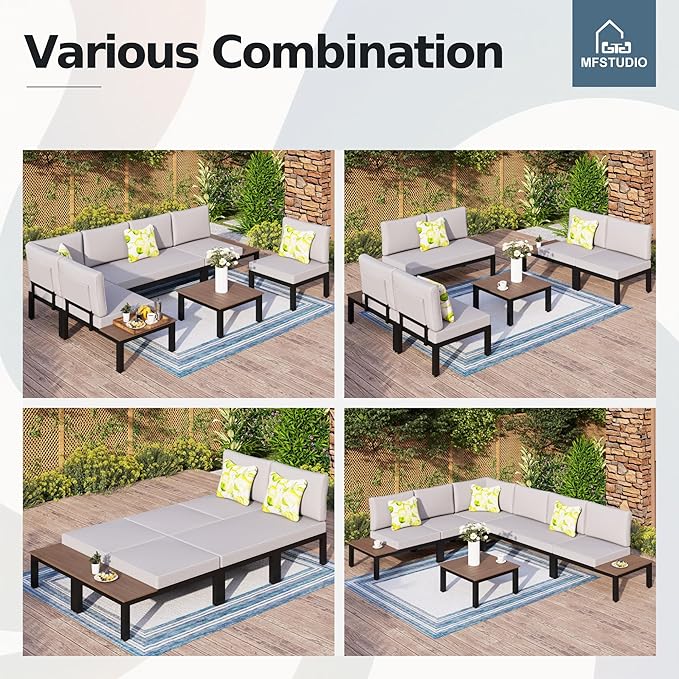 MFSTUDIO 6 Pieces Patio Furniture Set, Metal Outdoor Sectional Sofa Modular Outdoor Couch, Modern Patio Conversation Set with Coffee Table for Backyard, Garden
