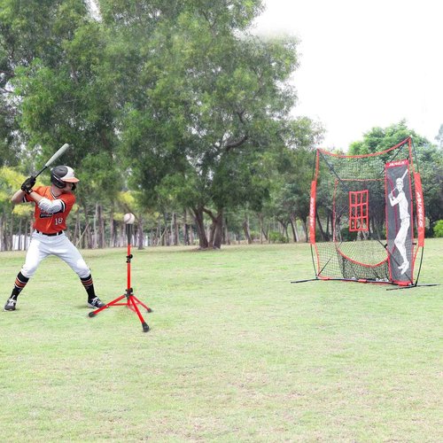 AOLIGEIJS 7'X7' Baseball Softball Practice Net with Tee, Bonus Strike Zone, Bow Frame - Red Net, Tee, Batter Dummy