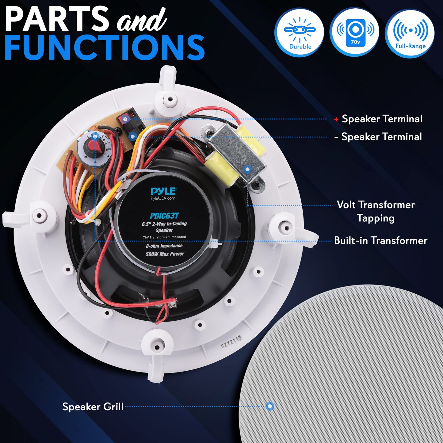 Pyle Ceiling And Wall Mount Speaker-6.5    2-Way 70V Audio Stereo Sound Subwoofer Sound With Dome Tweeter,500 Watts,In-Wall&In-C