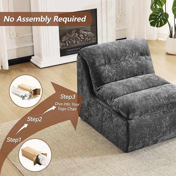WUTUTUEE Boneless Cloud Armless Floor Sofa, Comfy Double-Layer Chenille Bean Bag Chair with High Density Memory Foam, No Assembly Togo Sofa for Living Room Bedroom (Grey)