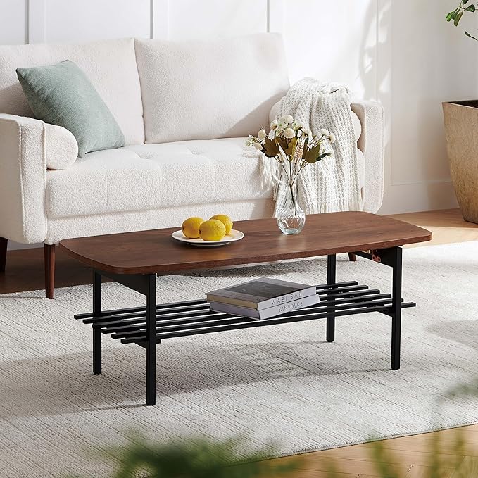 Pine Flicker Wood Folding Coffee Table, Mid-Century Modern Design, 2-Tier, L41*W19*H15 inch, for Living Room, Walnut Finish Wood Top and Black Metal Frame