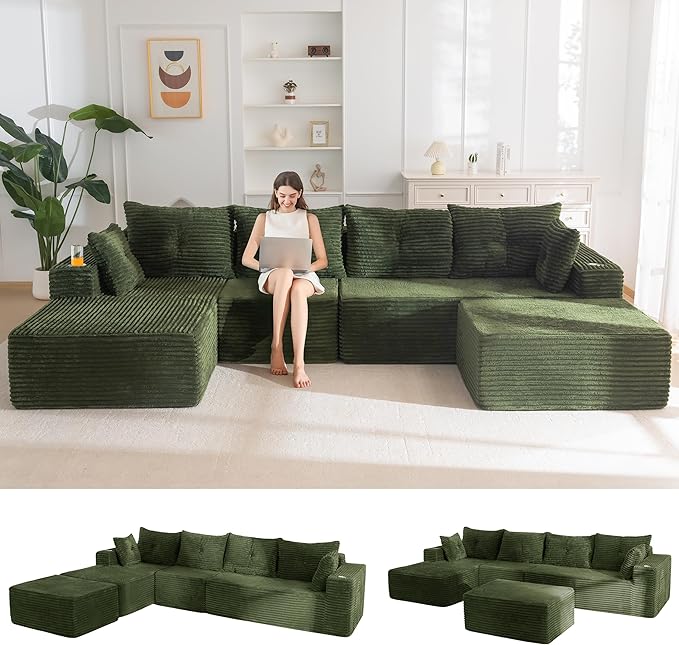 MAXYOYO 132" Giant U-Shaped Modular Sectional Couch, Modern Boneless Couch for Living Room, Sofa in A Box, Oversized Sofa Sleeper with Deep Seat, No Assembly Required, Green
