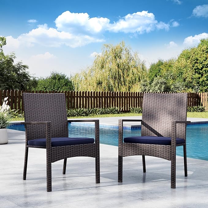 MFSTUDIO Patio Rattan Chairs Set of 2, Wicker Outdoor Dining Chairs Set of 2, All Weather Patio Armchairs w/Armrests, Steel Frame, Brown, 330lbs