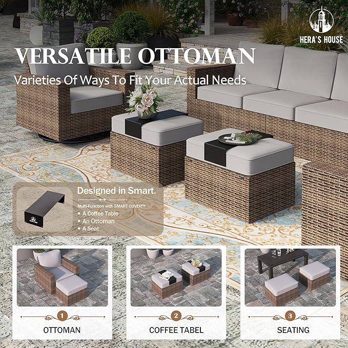 HERA'S HOUSE Patio Furniture Conversation Set, Outdoor Swivel Glide Wicker Chairs with 4.92" Widened Armrest, 5 Pieces Deep Seating Yellow Rattan Sofa with 5.5" Gray Cushions for Deck Garden Yard