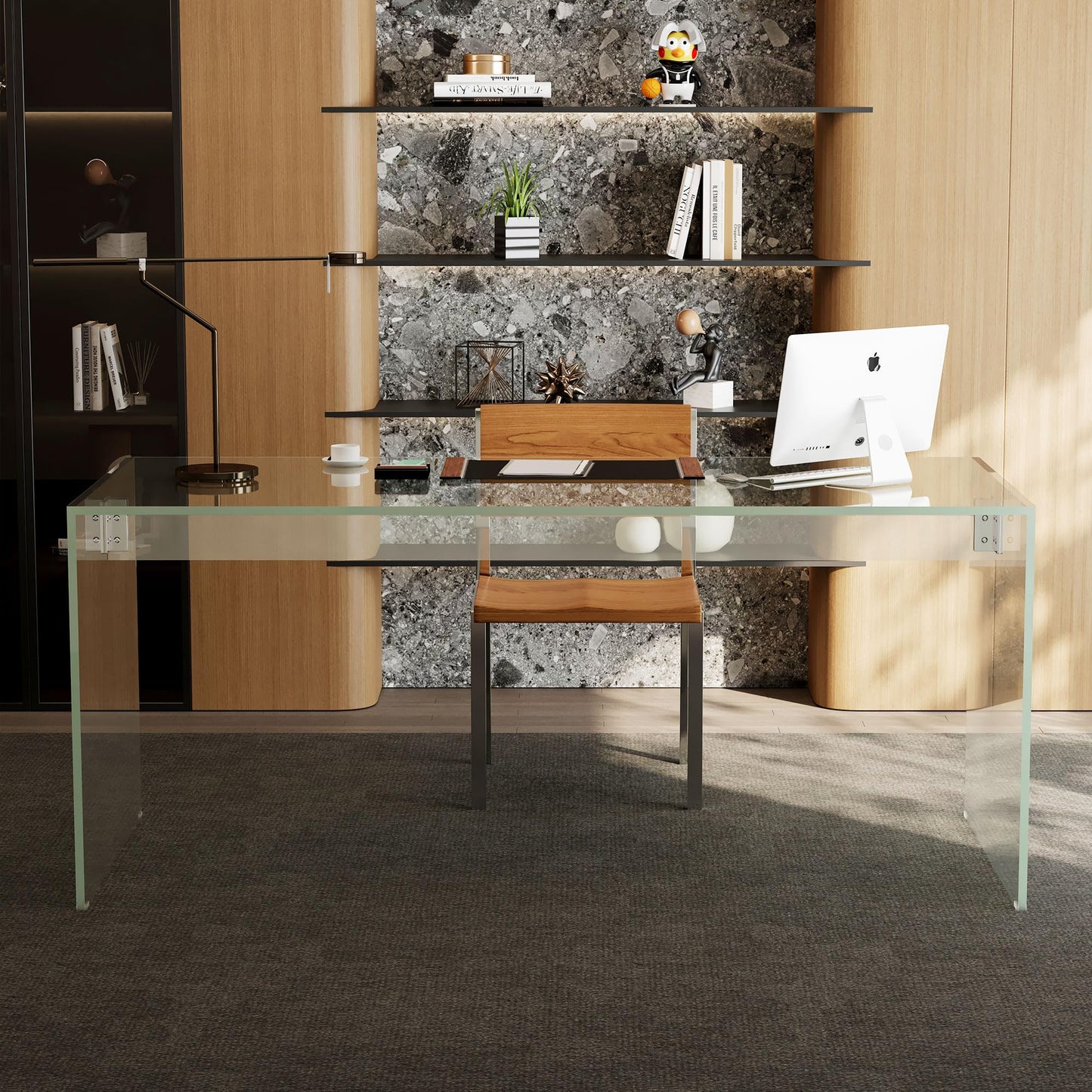 NessCarsti 53.14" Modern Tempered Glass Office Desk, Minimalist Style Rectangular Workstation Table, Sturdy & Sleek Design for Home Office & Living Room, Clear