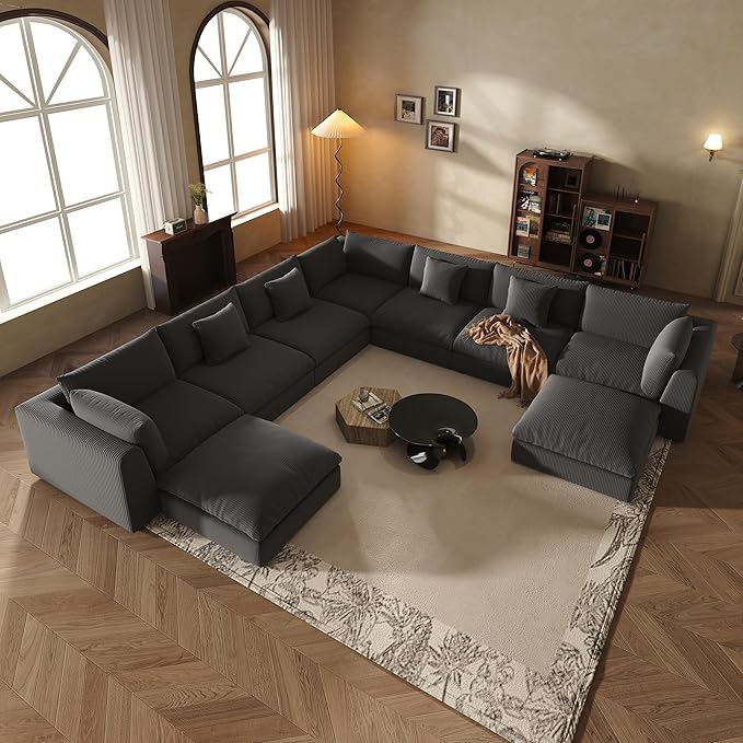 Fajiani Oversized Modular Sectional Sofa, Cloud Couch Deep Seat Sofa Cushion Covers Removable, Oversized Sectional Couches for Living Room (9 Seater-Black Gray)