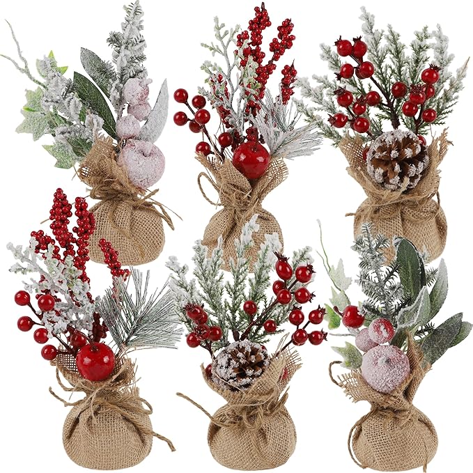 winemana 6 Pcs Mini Christmas Tree Table Decorations, 9" Small Artificial Trees with Red Berries Pine Cone Tabletop Center...