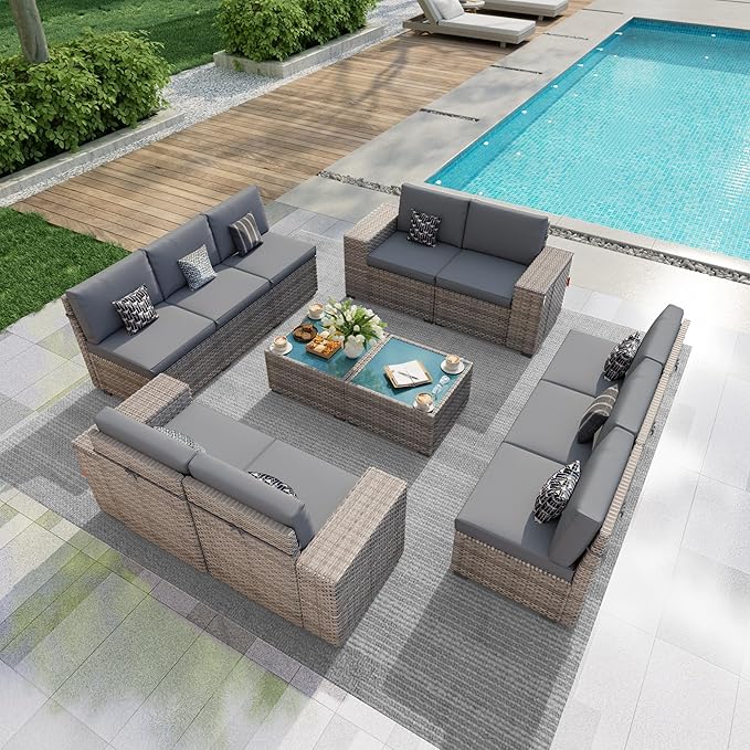 PCSXDSW 12-Piece Outdoor Patio Furniture Set, Rattan Wicker Conversation Set with Wide Armrests, Outdoor Modular Sectional Couch Seating Group Sofa for Deck Garden Porch (Gray Cushions)