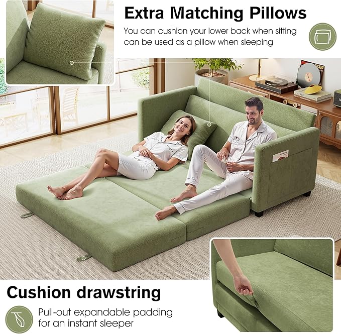 kakuboohi 65" Loveseat Sleeper Sofa Bed, Chenille Convertible Floor Sofa Bed for Small Spaces, Folding Couch Bed with Deep Seat, 2 Pillows & Solid Frame, Pull Out Floor Couch for Living Room, Green