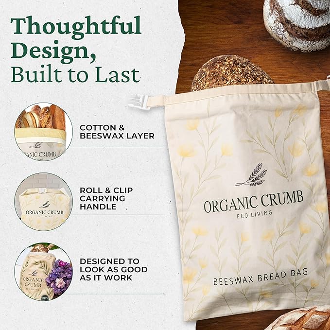 Reusable Bread Bags for Homemade Bread (5 in 1) – 2 XL Cotton Beeswax Bags, Reusable Beeswax Wrap, Bowl Cover & Dough Scraper – Eco-Friendly Storage for Sourdough Bread Bags.