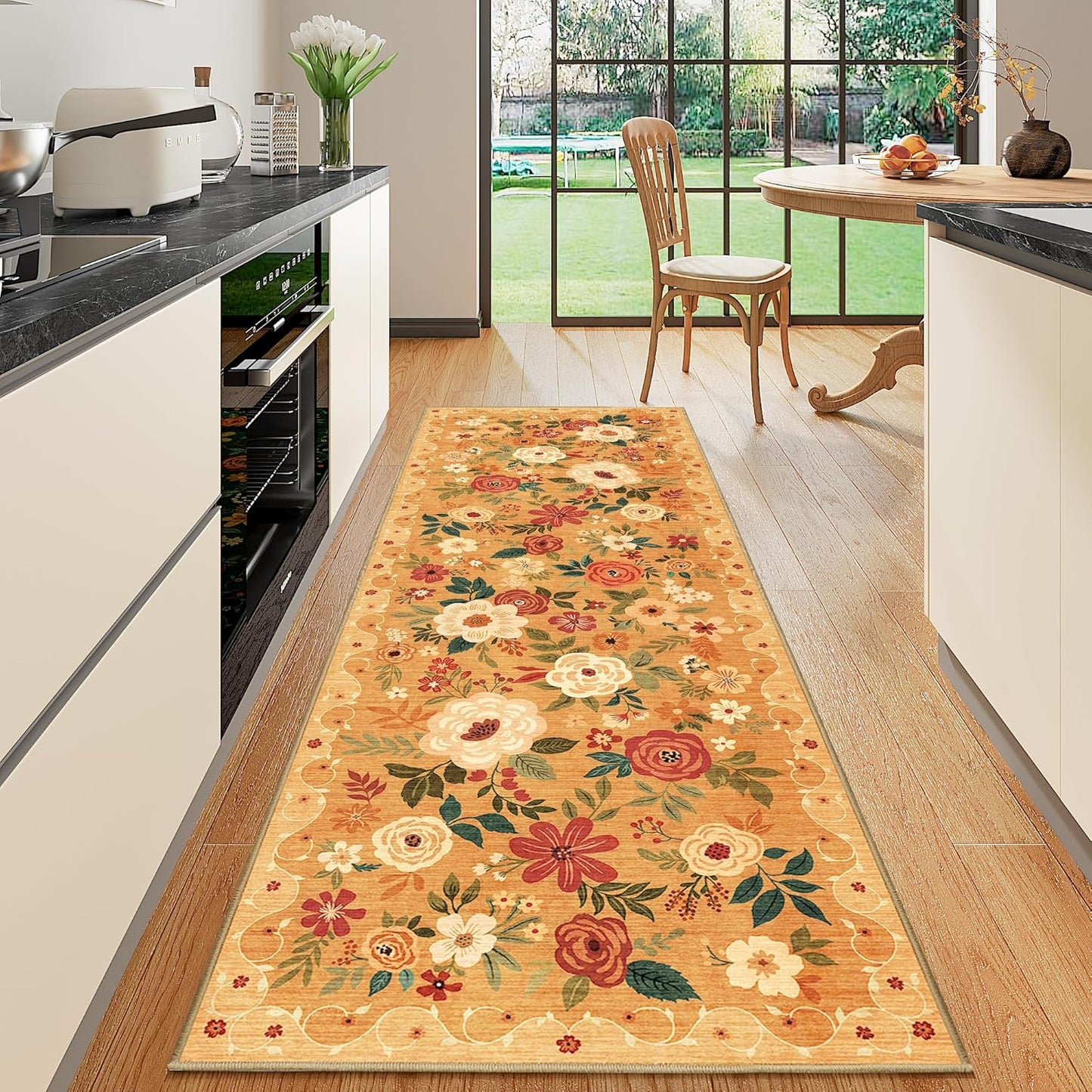 DUKINO Runner Rug, 2x10 Kitchen Hallway Carpet, Washable with Non-Slip Backing, Low Pile Soft Boho Floral for Entryway, Laundry, Bedroom, Orange