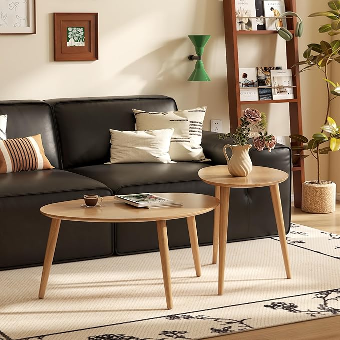 Vadisun Small Oval Coffee Table, 25.6" Mid Century Modern End Table for Living Room, 100% Solid Oak Wood Center Table, Side Table (Original Wood Color, 25.59''Wx17.51''Dx19.68''H)