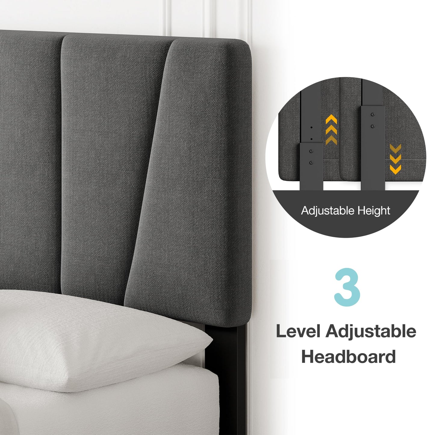GarveeHome Twin Size Bed Frame with Adjustable Headboard, Linen Upholstered Twin Platform Bedframe with Strong Wooden Slats, Mattress Foundation, No Box Spring Needed, Easy Assembly(Dark Grey, Twin)