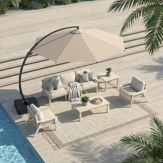 Patio Kingdom 7 Piece Patio Conversation Sets, Outdoor Couch with Washable Thick Beige Cushions, HDPE Patio Furniture Set with 12FT Umbrella, Outdoor Sectional Furniture for Backyard (White Frame)
