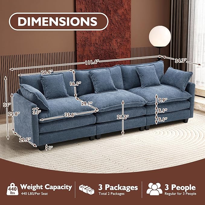 Ihanherry 111.4 Inch 3-Seater Cloud Sofa, Modular Sectional Couch, Modern Deep Seat Sofa for Living Room, Comfy Double Layer Upholstered Seat Cushion, Breathable Chenille Fabric, Blue