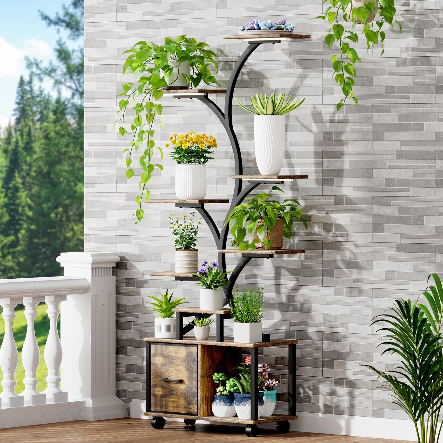Plant Stand Indoor with Grow Light, 9 Tiered Plant Shelf with Wheels, 65" Tall Plant Stand for Indoor Plants Multiple with Drawer, Flower Holder for Living Room Patio, Balcony (Black+Brown, 1 Pack)