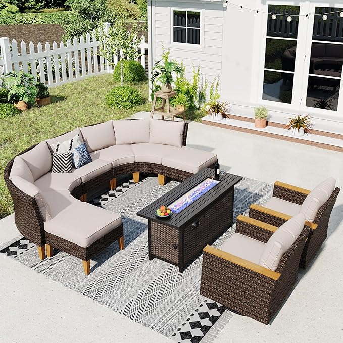 Sophia & William Half Moon Patio Furniture Set with Fire Pit Table & Swivel Chairs, 10 Piece Curved Outdoor Sectional Sofa Modular Wicker Patio Conversation Couch Set for Deck Backyard Lawn, Beige