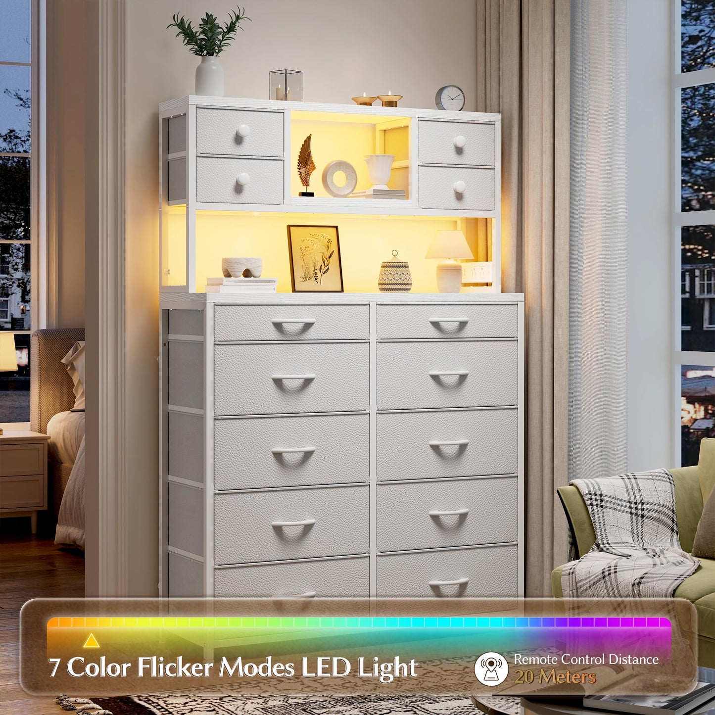 Tall Dresser for Bedroom with 14 Fabric Drawers,White Dresser with Charging Station and LED Lights,Dressers & Chests of Drawers for Bedroom, Steel Frame & Wooden Top for Closet, Entryway