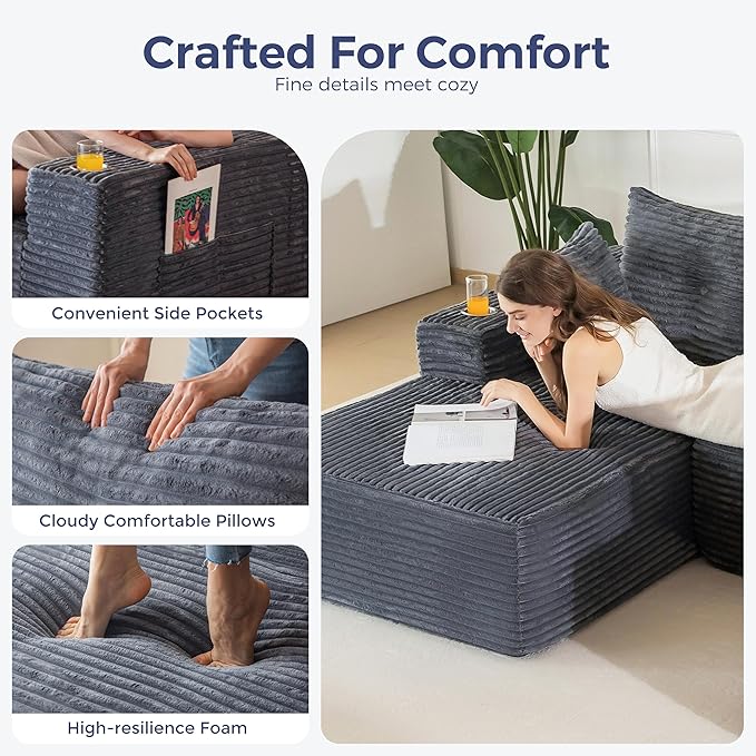 MAXYOYO 132" Giant U-Shaped Modular Sectional Couch, Modern Boneless Couch for Living Room, Sofa in A Box, Oversized Sofa Sleeper with Deep Seat, No Assembly Required, Dark Grey