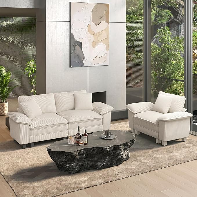 HERA'S HOUSE 2 Pieces Modular Sectional Sofa Sets, Oversized Couch Set with Loveseat and Armchair, Comfy Cloud Couches with Throw Pillows, 3-Seater Deep Seat Sofa for Living Room, Corduroy Beige