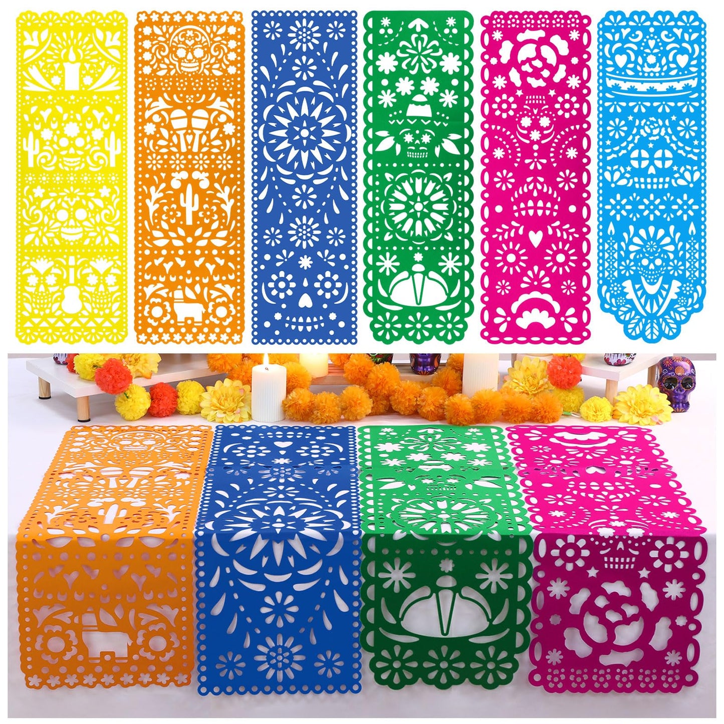 Motiskyy 6 Pack Day of The Dead Altar Decor Papel Picado Table Runners 29 x 10 Inch Dia De Muertos Decorations Sugar Skull Mexican Table Runner Mexican Party Fiesta Carnival Cinco De Mayo Mantel Decor
