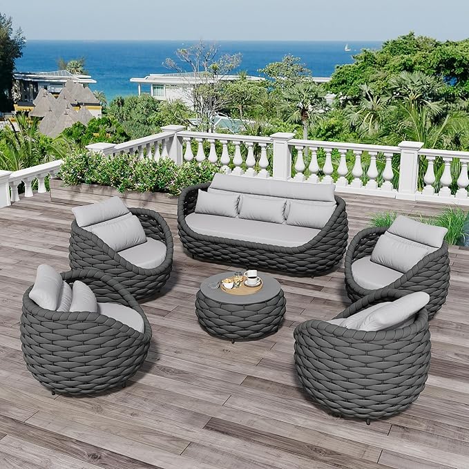 Erotr Aluminum Woven Rope Patio Furniture Set: 6 Pieces Assembled Outdoor Conversation Sofa Set for 7 - Modern Metal Couch Set Cushioned - All Weather Porch Seating for Deck Garden Lanai Hotel Resort