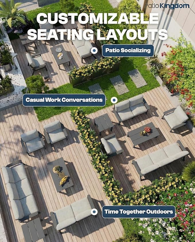 Patio Kingdom 7 Piece Patio Conversation Sets, Outdoor Couch with Washable Thick Gray Cushions, HDPE Patio Furniture Set with 12FT Umbrella, Outdoor Sectional Furniture for Backyard (Grey Frame)