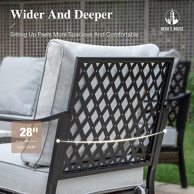 HERA'S HOUSE 4 Piece Metal Patio Furniture Set, All Weather Outdoor Conversation Set with 3 Seat Sofa, 2 x Cushioned Fixed Chair & Coffee Table, Seats 5 for Backyard, Garden, Deck, Light Grey