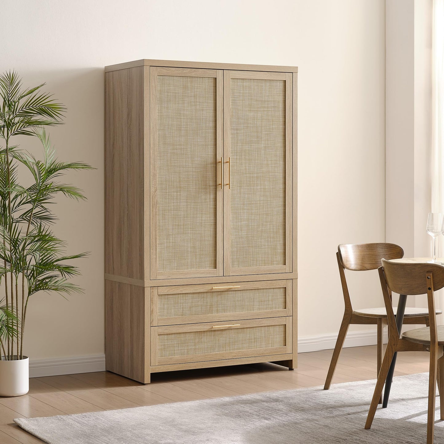 SICOTAS Rattan Armoire Wardrobe Closet Cabinet, 71" Tall Wardrobe Storage Cabinet with Doors, Large Drawers and Hanging Rod, Boho Armoire Clothes Organizer for Bedroom, Cloak Room, Light Oak
