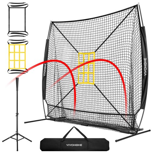 VIVOHOME Baseball Softball Hitting Net with Large Ball Collection System, 7 x 7 ft Baseball Batting Pitching Net with Tee, 2 Strike Zone, Carry Bag, Black