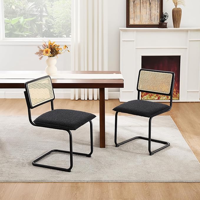Zesthouse Rattan Dining Chairs Set of 6, Mid Century Modern Dining Chairs with Natural Cane Mesh & Matte Black Base, Black Cesca Chair Boucle Fabric, Farmhouse Kitchen Chair with Solid Wood Frame Back