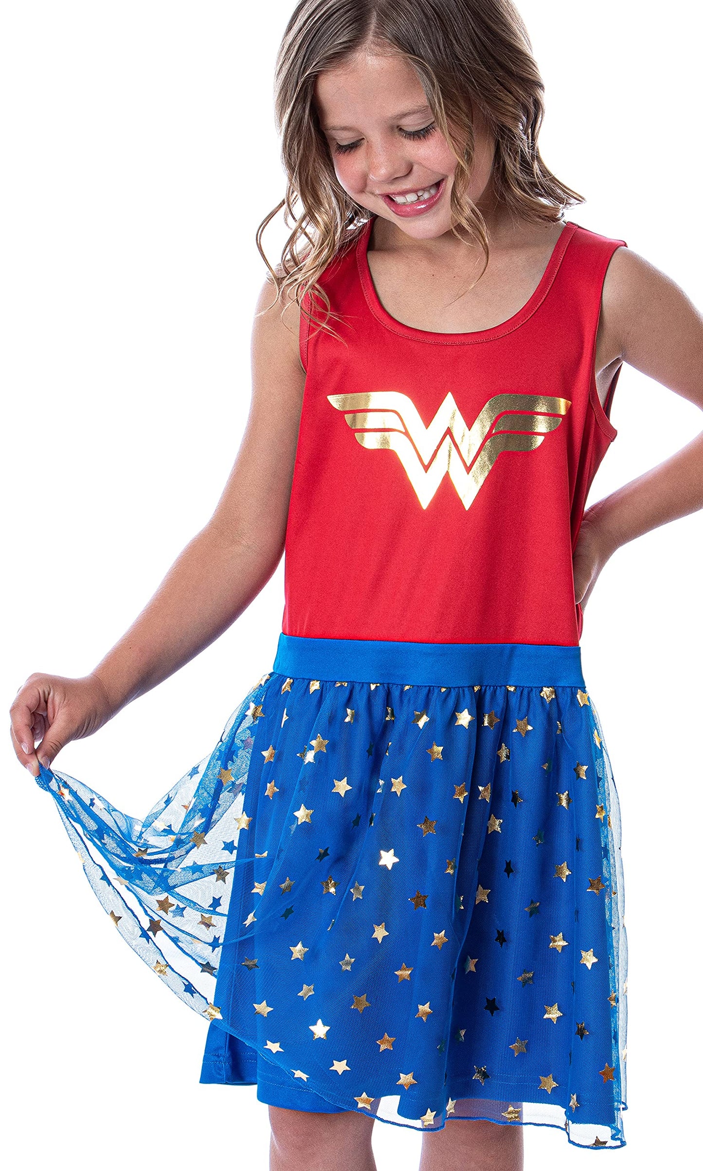 INTIMO DC Comics Girl's Wonder Woman Logo and Stars Tank Nightgown Costume Pajama Dress (6/6x)