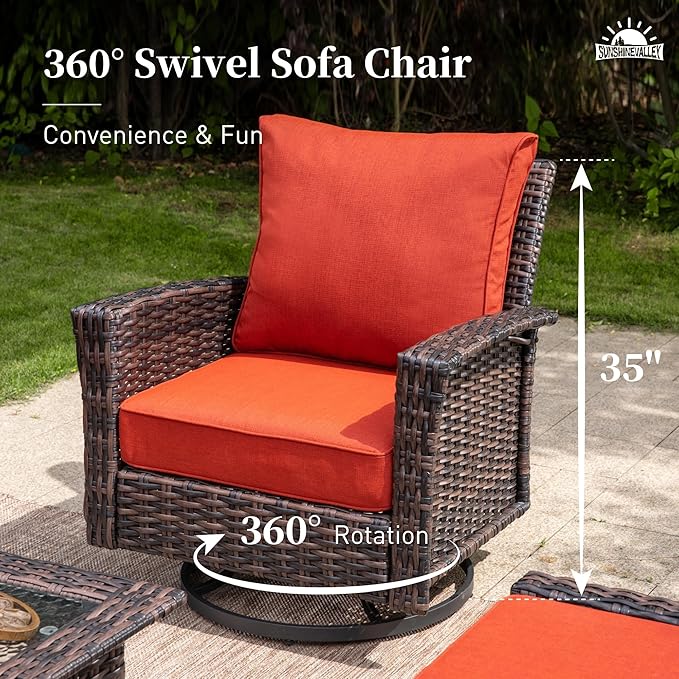 SUNSHINE VALLEY Patio Wicker Swivel Chairs Set of 2, Outdoor High Back Chairs with 5.5" Waterproof Cushions, Outdoor Furniture Set for Deck Porch and Yard, Peacock Blue