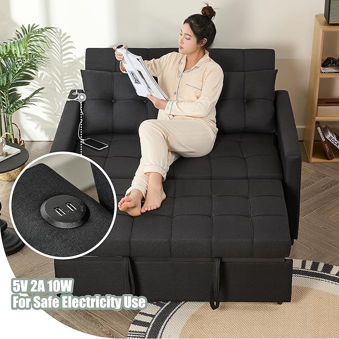 GOSUHI 52" Sleeper Sofa with Pull-Out Bed, 3-in-1 Convertible Sofa Bed, Loveseat with Stepless Adjustable Backrest and Side Pocket, for Living Room Dorm Apartment, Linen, Black