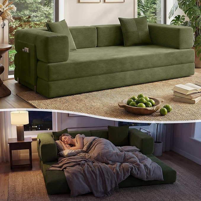 Fancyfire 78.8" Convertible Sofa Bed with Armrest Pillow,4-in-1 Sleeper Couch Bed for Livingroom,Modular Corduroy Boneless couches,No Assembly (Green)