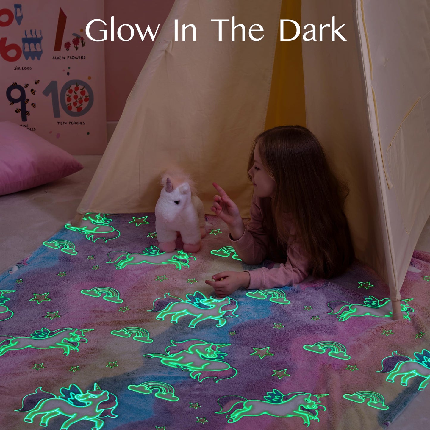 Joiedomi Glow in The Dark Blanket - Unicorns Gifts Toys for Girls Age 2 3 4 5 6 7 8 9 10 11 12 Year Old - Soft Cozy Flannel Kids Throw Blanket, Birthday Bedroom Decor 50"×60"
