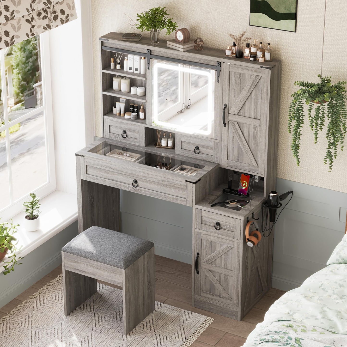 Merax Farmhouse Vanity Desk with Sliding Mirror and Lights, Elegant Dressing Table with Stool for Bedroom, Makeup Vanity Table & Glass Top Drawers and Charging Station, Gray