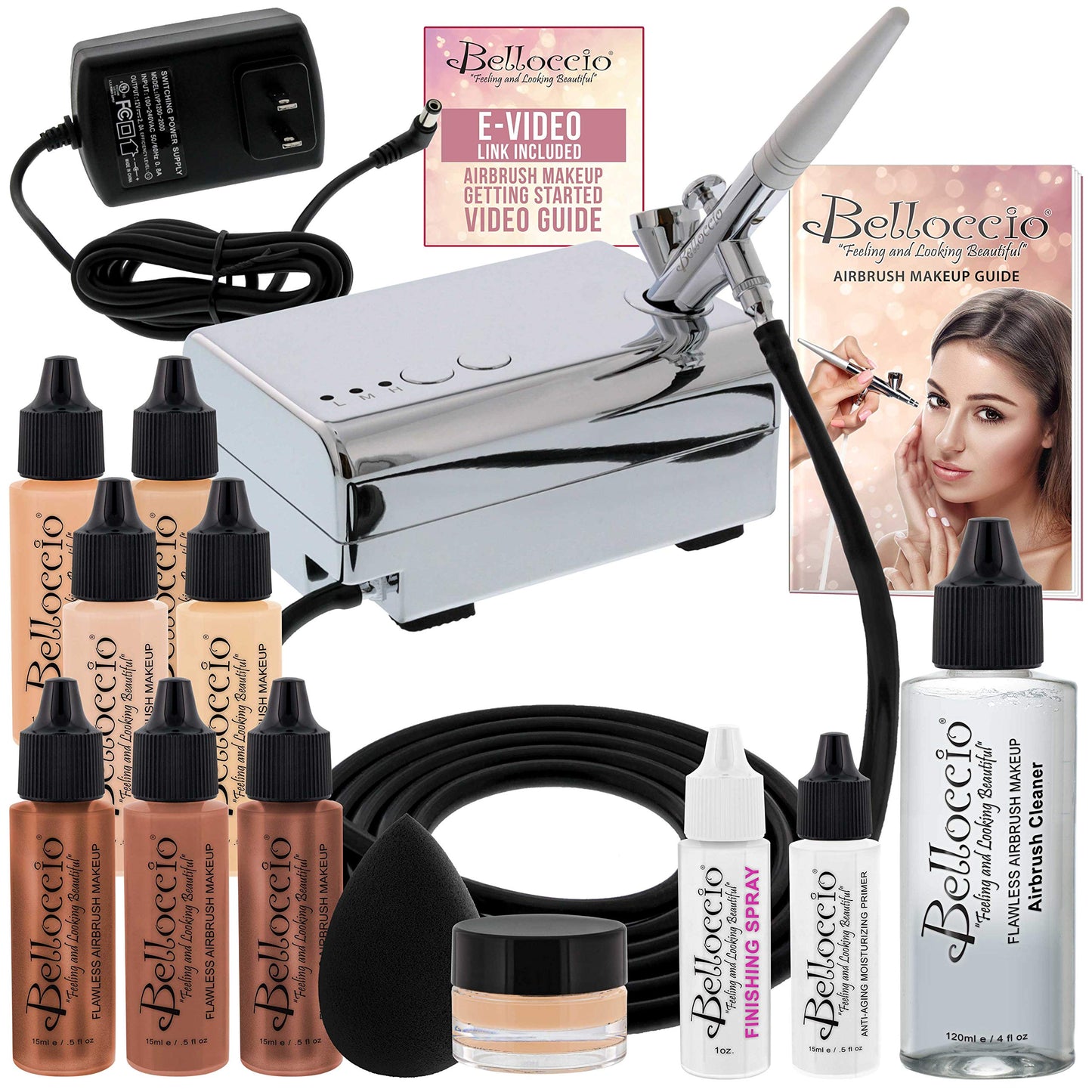 Belloccio Professional Beauty Deluxe Airbrush Cosmetic Makeup System with 4 Fair Shades of Foundation in 1/2 oz Bottles - Kit in