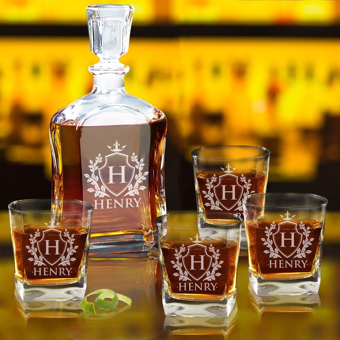 My Personal Memories, Personalized 5 pc Whiskey Decanter Set - Decanter and 4 Glasses Gift Set - Custom Engraved with Name and Initial (Shield Design)