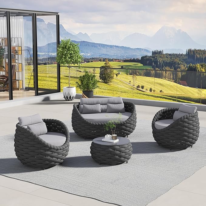 ercimi Outdoor 4 PCS Patio Conversation Set, All-Weather Wicker Patio Couch Sofa with Waterproof Thick Cushion Coffee Table for Porch, Balcony Mix Color