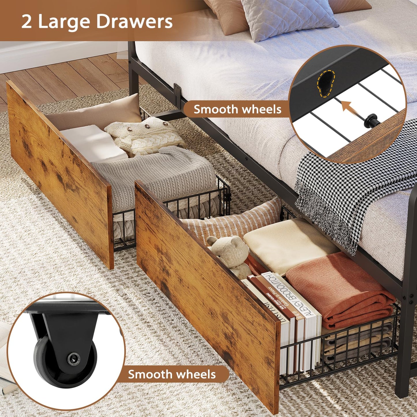 VIAGDO Daybed with 2 Drawers, Twin Day Bed with Upholstered Headboard and Charging Station, Metal Day Bed Frame with Storage and LED Lights, Twin Daybed for Living Room, Bedroom, Guest Room, Black