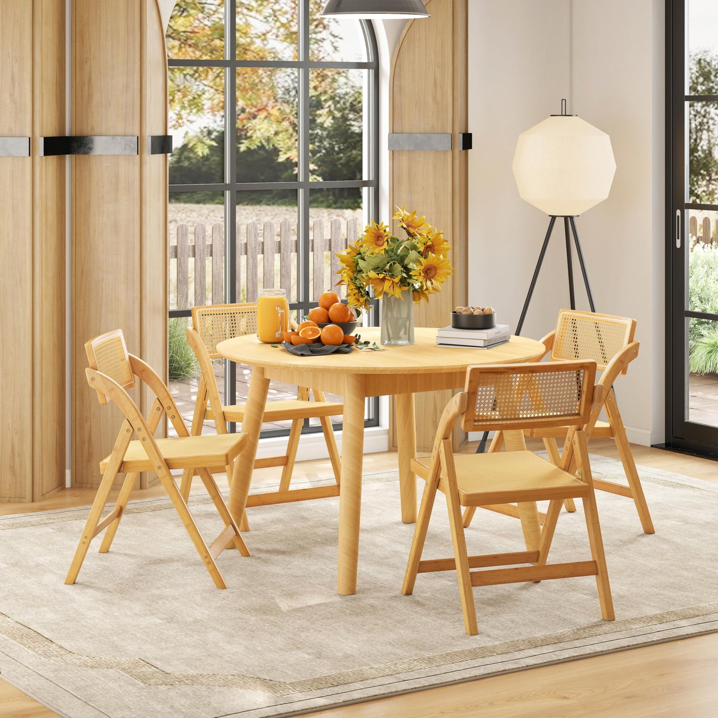 Giantex Rattan Folding Chairs Set of 2, Bamboo Dining Chairs with Rotatable Backrests, Max Load 330 lbs, Boho Kitchen Side Chair for Living Room, Restaurant, No Assembly, Natural