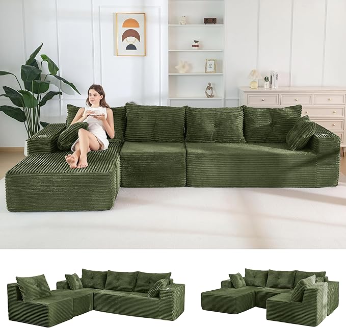 MAXYOYO 132" Oversize Modular Sectional Couch with L-Shape Chaise, Modern Boneless Couch for Living Room, Sofa in A Box, Oversized Sofa Sleeper with Deep Seat, No Assembly Required, Green