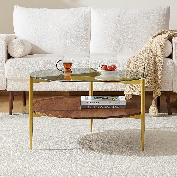 Pine Flicker Round Coffee Table, Mid-Century Modern Design, D30*H17 inch, for Living Room, 2-Tier Structure, Clear Glass Top and Walnut MDF Shelf, Sleek Conical Metal Legs with Gold Finish