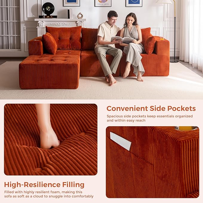 MAXYOYO Modular Sectional Sofa Couch, L Shaped Modern Cloud Couch with 1 Ottoman, Sofa in A Box, Tufted 4-Seat Boneless Sleeper Chair for Living Room, No Assembly Required, Orange
