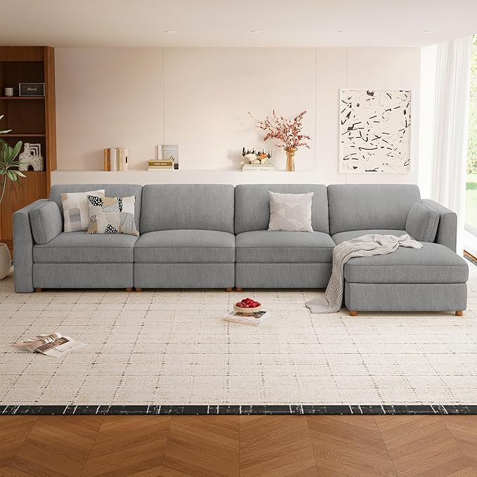 CUGOAO 153.4'' Modular Sectional Sofa, Oversized L-Shaped Sectional Couch with Ottoman, Deep Seat Chenille Cloud Couch, Mordern Upholstered Couches for Living Room, Apartment, Office, Grey