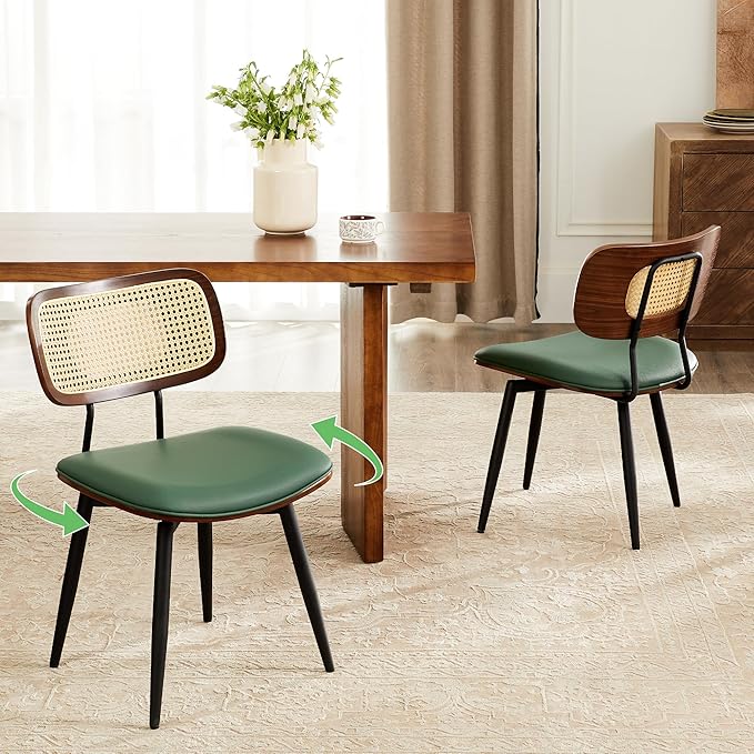 Quenvo Swivel Dining Chairs with Rattan Back, Modern Green Leather Dining Chairs Set of 2, Swivel Dining Room Chairs Kitchen Side Chairs with Metal Legs and Upholstered Seat for Kitchen & Restaurant