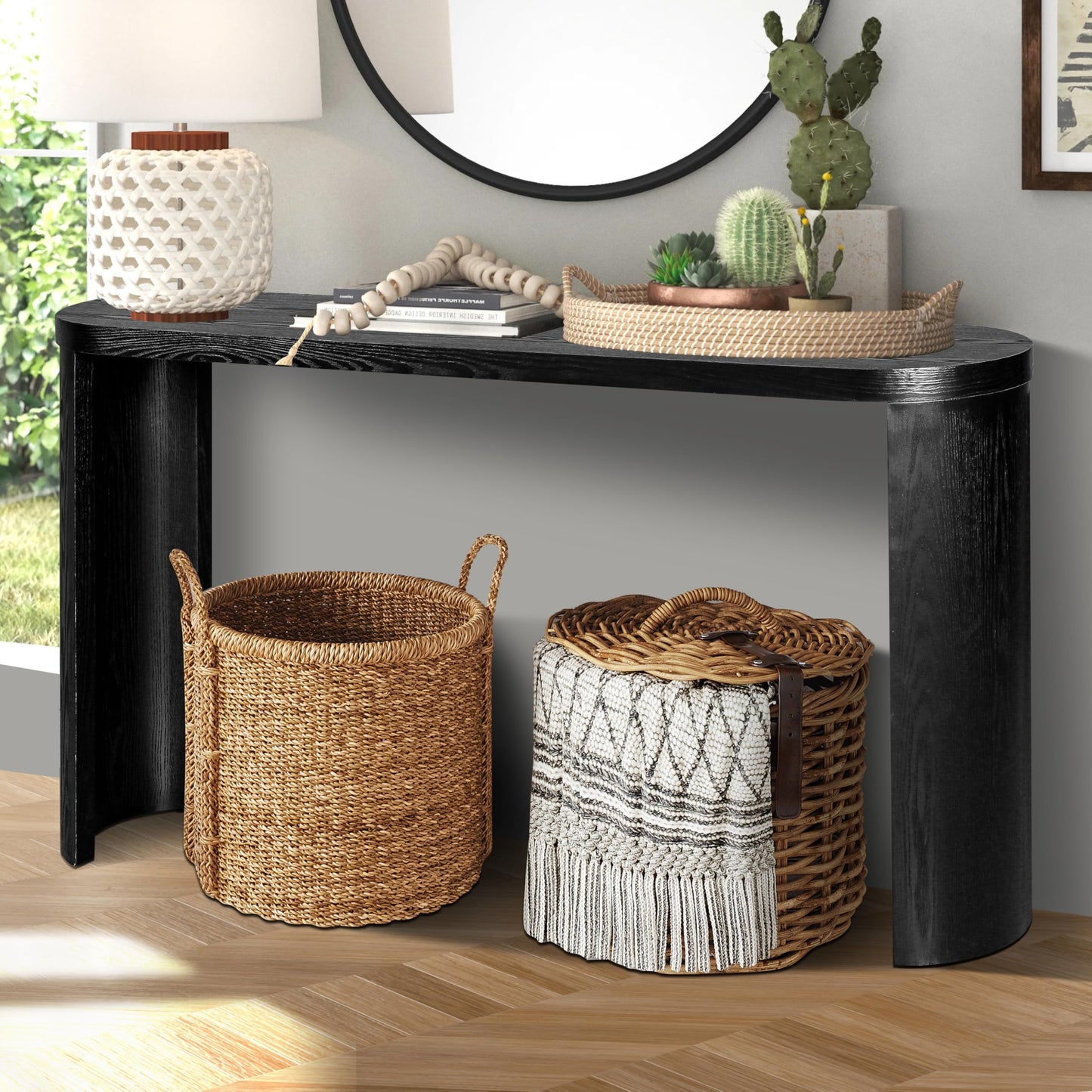 YOPENG Console Table for Entryway, 60" Farmhouse Long Curved Sofa Table Behind Couch, Modern Wooden Entryway Table Foyer Display Table, Narrow Black Tables for Living Room Hallway Entrance Corridor