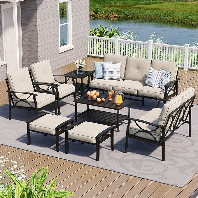FansaFurn 8-Pieces Outdoor Patio Furniture Set, Outdoor Metal Sectional Furniture with Cushions, Outdoor Conversation Seating Set with Coffee Table for Garden, Balcony, Deck, Backyard, Black
