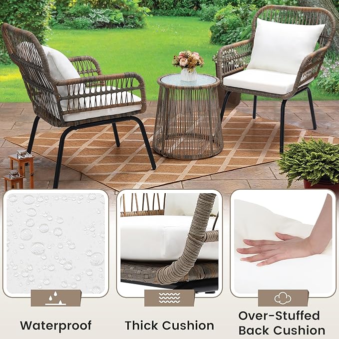 wildformers 3 Pieces Rattan Wicker Bistro Set, Outdoor Conversation Set, Wicker Furniture Set with Glass Top Table, Space Saving for Balcony, Backyard, Natural